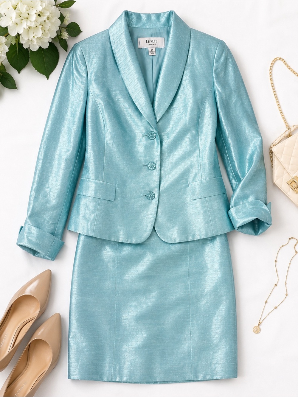 Le Suit Shimmery Aqua Satin Blazer and Skirt Set